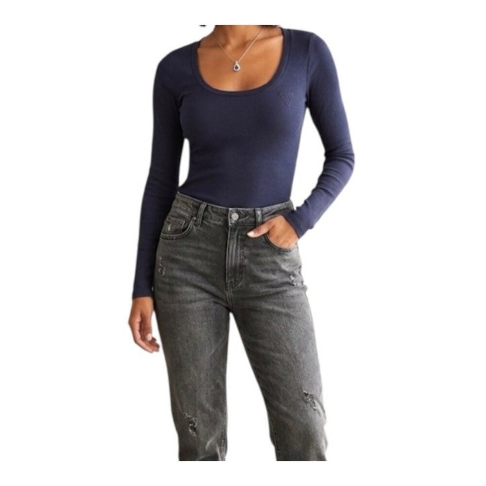 Guess Hermosa Navy Blue Y2K Hipster Ribbed  Scoop Neck Long Sleeve Shirt Large